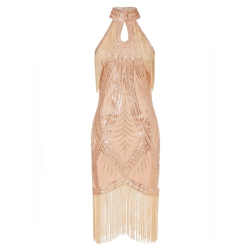 BABEYOND Champagne Gold Sequin Beaded Fringe Halter Gatsby Flapper Dress Med